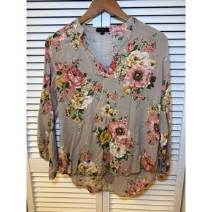 EAM Women's Beige Floral Print V Neck Long Sleeve Blouse Top Size S